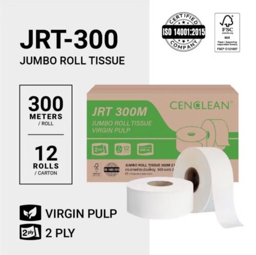 CENCLEAN Jumbo Roll Tissue 300m 2 Ply 12 roll per box