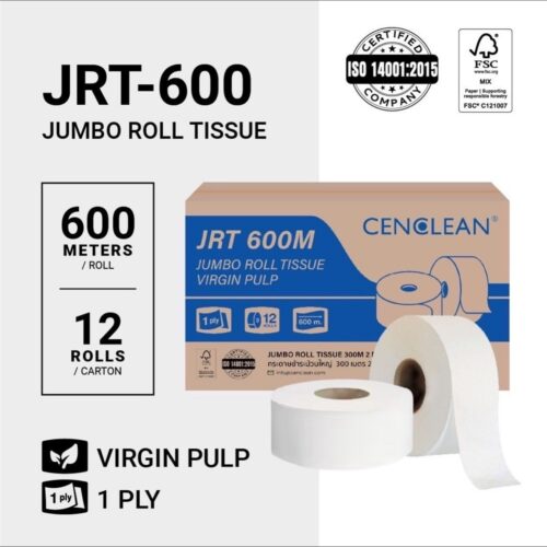 CENCLEAN กระดาษชำระม้วนใหญ่ JRT 1 ชั้น 600 เมตร - Virgin 100%, FSC  |  12 ม้วน/ลัง